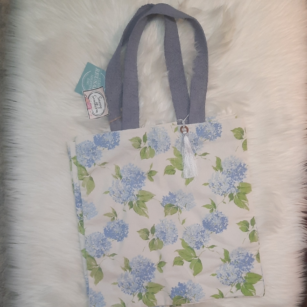 Blue, White &  Green Hydrangea Tote Bag with Spring Design
